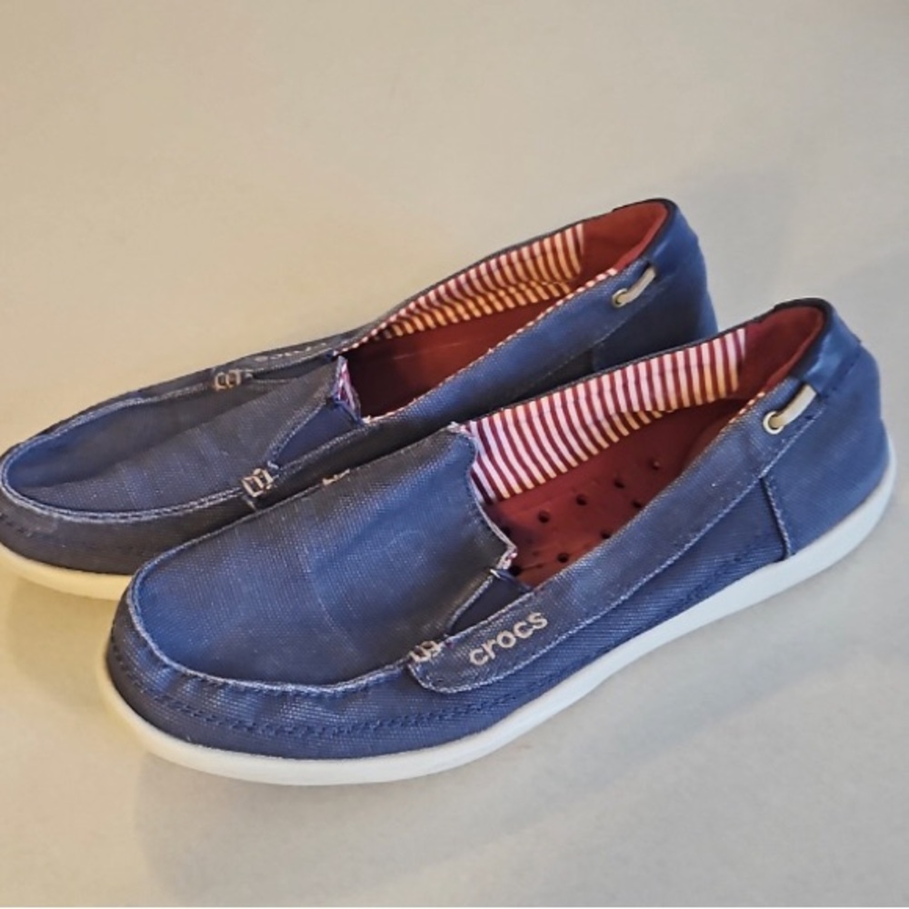 Crocs blue and red boat shoes